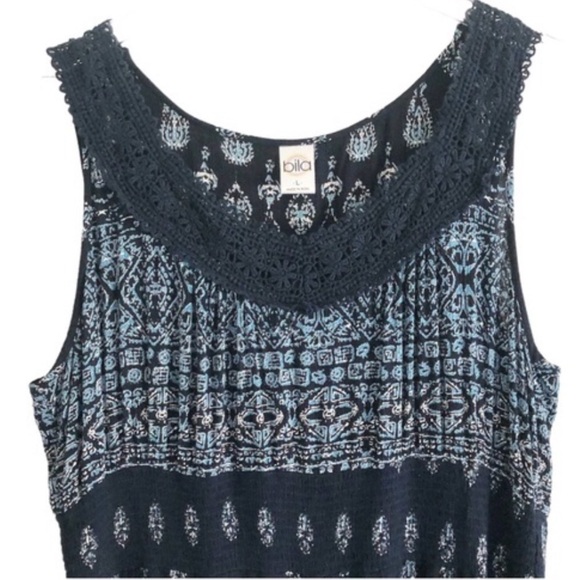 Billa Navy Blue Bohemian Crochet Lace Print Maxi Dress Large - Picture 2 of 7